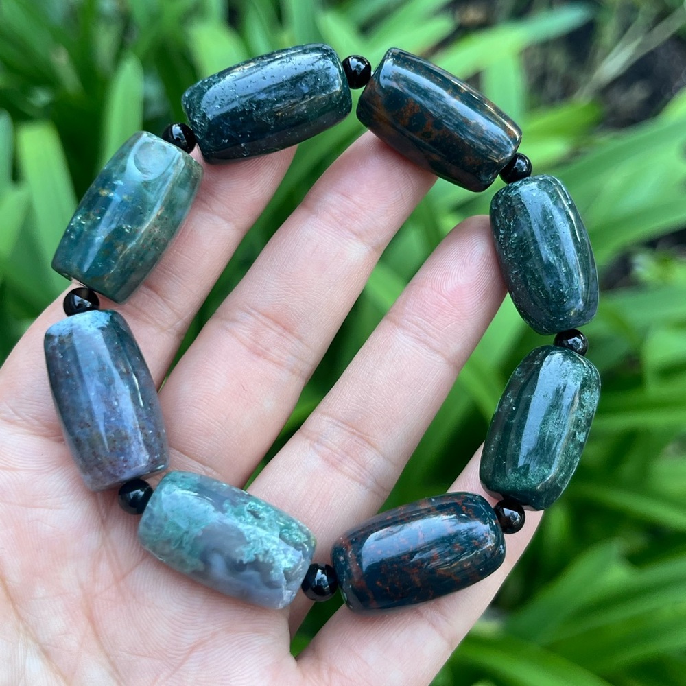 14mm moss agate‎ barrel shape bracelet